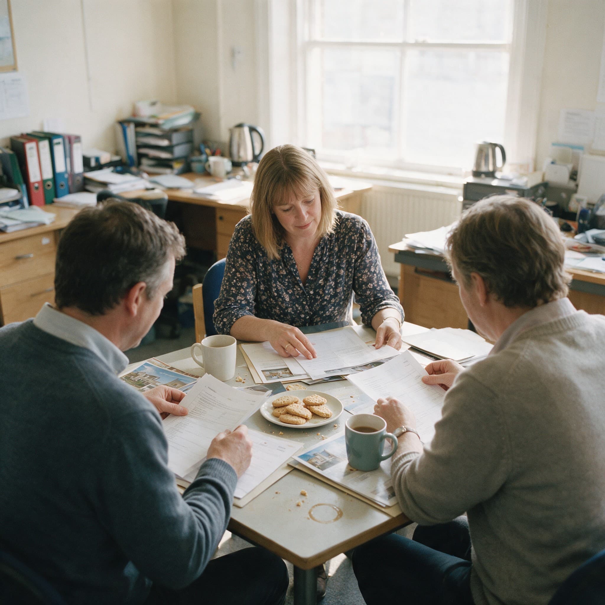 An estate agency team going through their live client cases together round a table