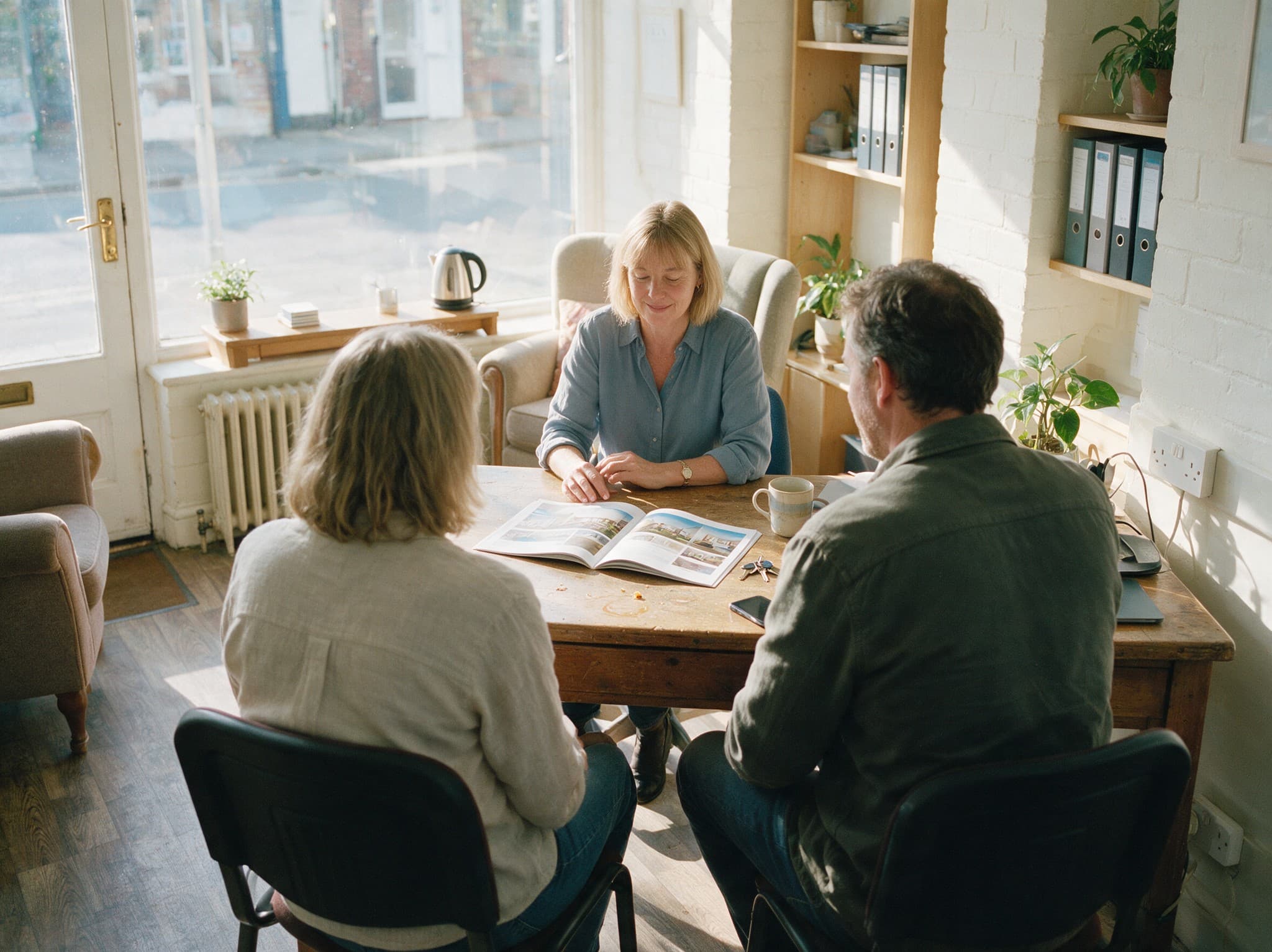 An estate agent talking a couple through the next steps of their move at a branch desk
