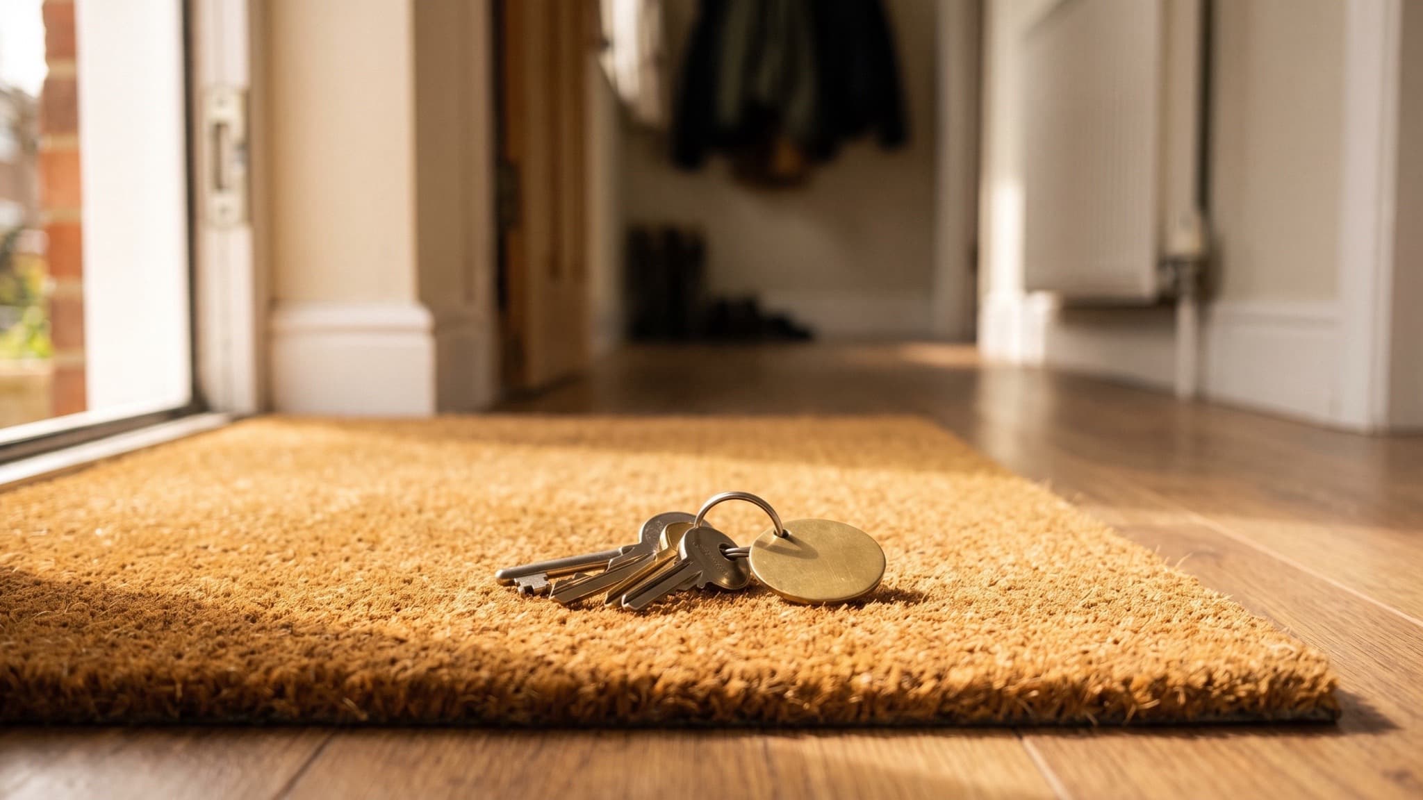 A set of house keys with a brass fob lying on a coir doormat just inside an open front door, coats hanging in the hall beyond