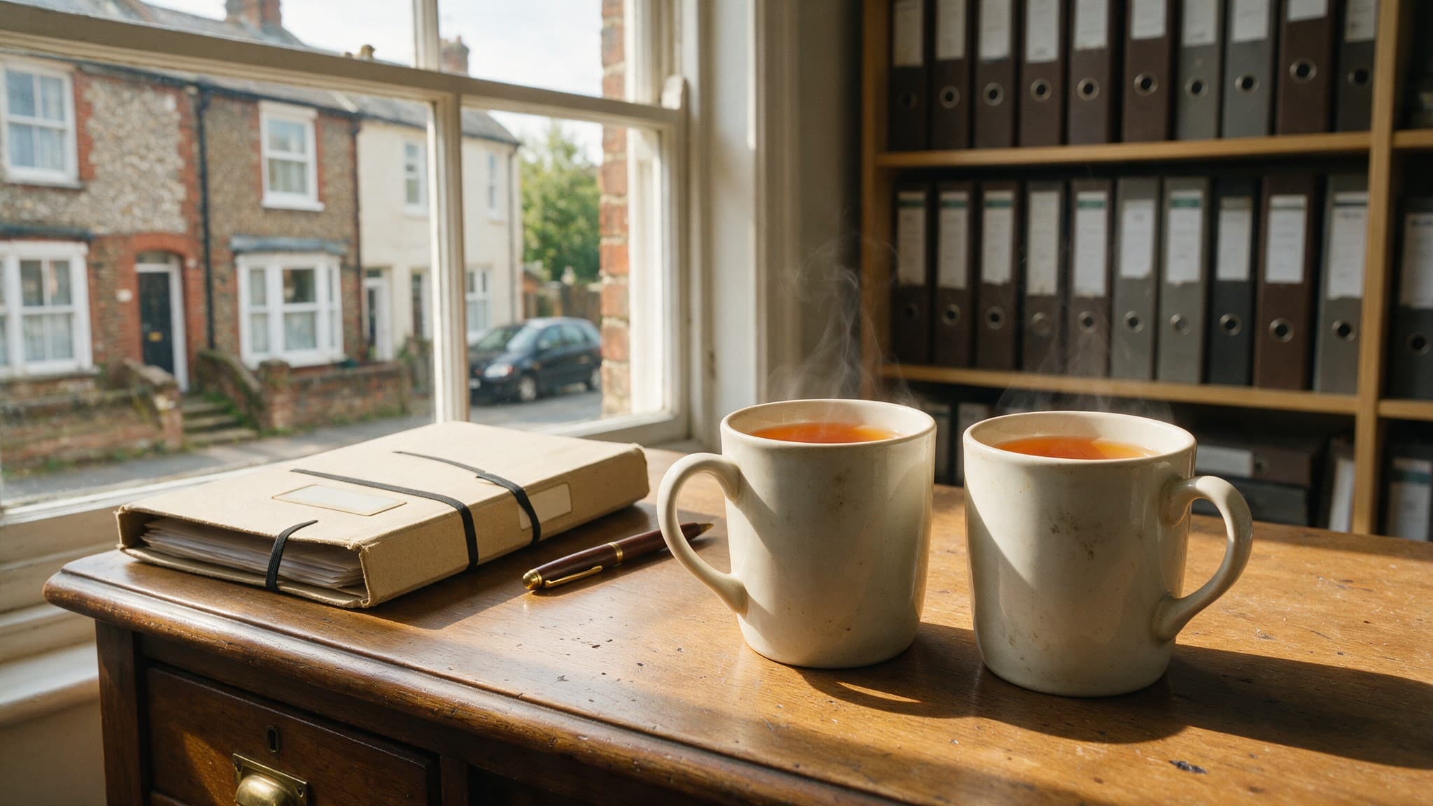 Two mugs of tea and a bound notebook on a desk by a window, box files on a shelf behind