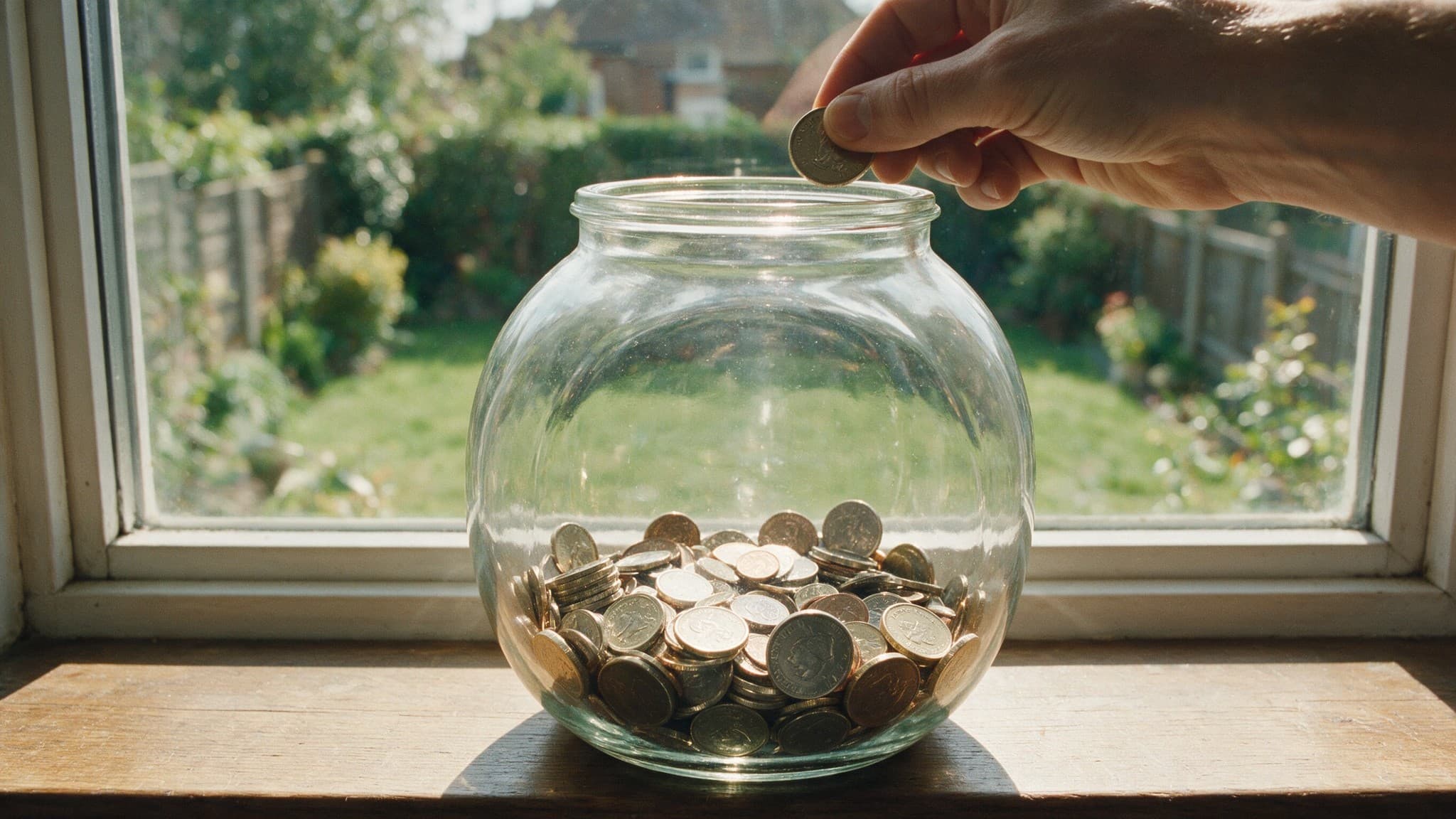 A hand dropping a coin into a large glass jar of change on a sunlit windowsill