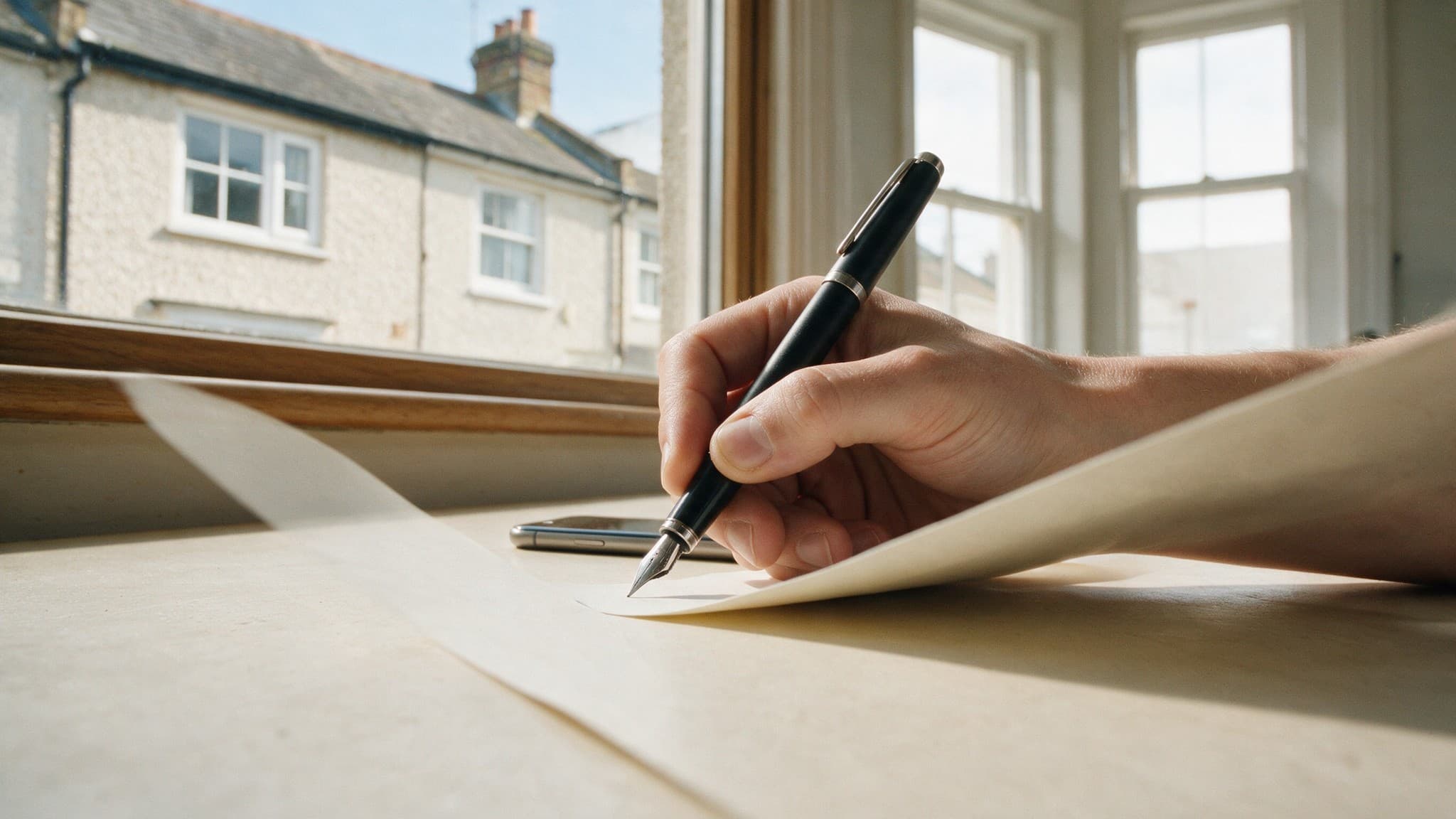 A hand signing a document at a desk by a window, a house visible outside