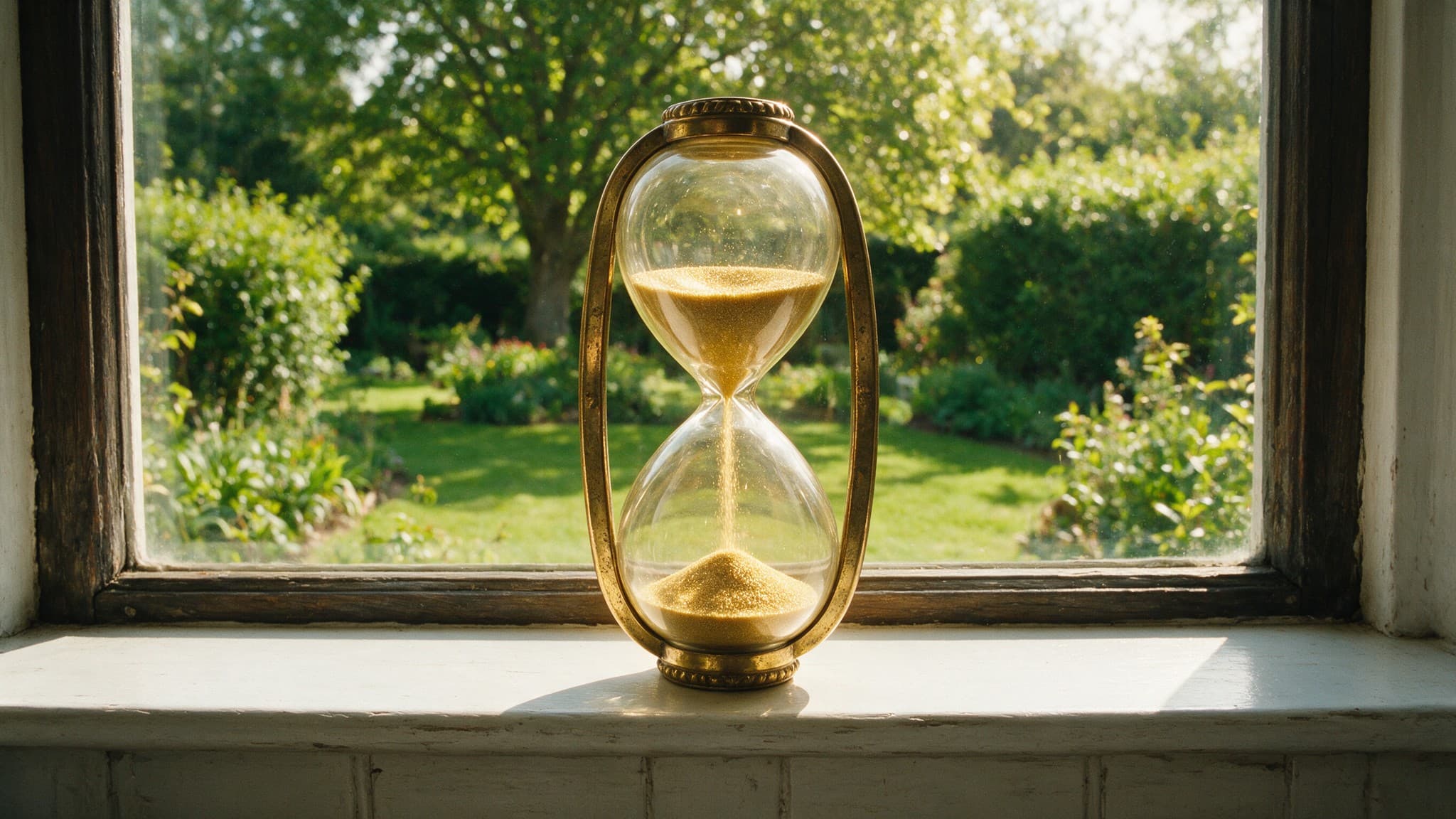 A brass hourglass on a windowsill with a sunlit garden behind it