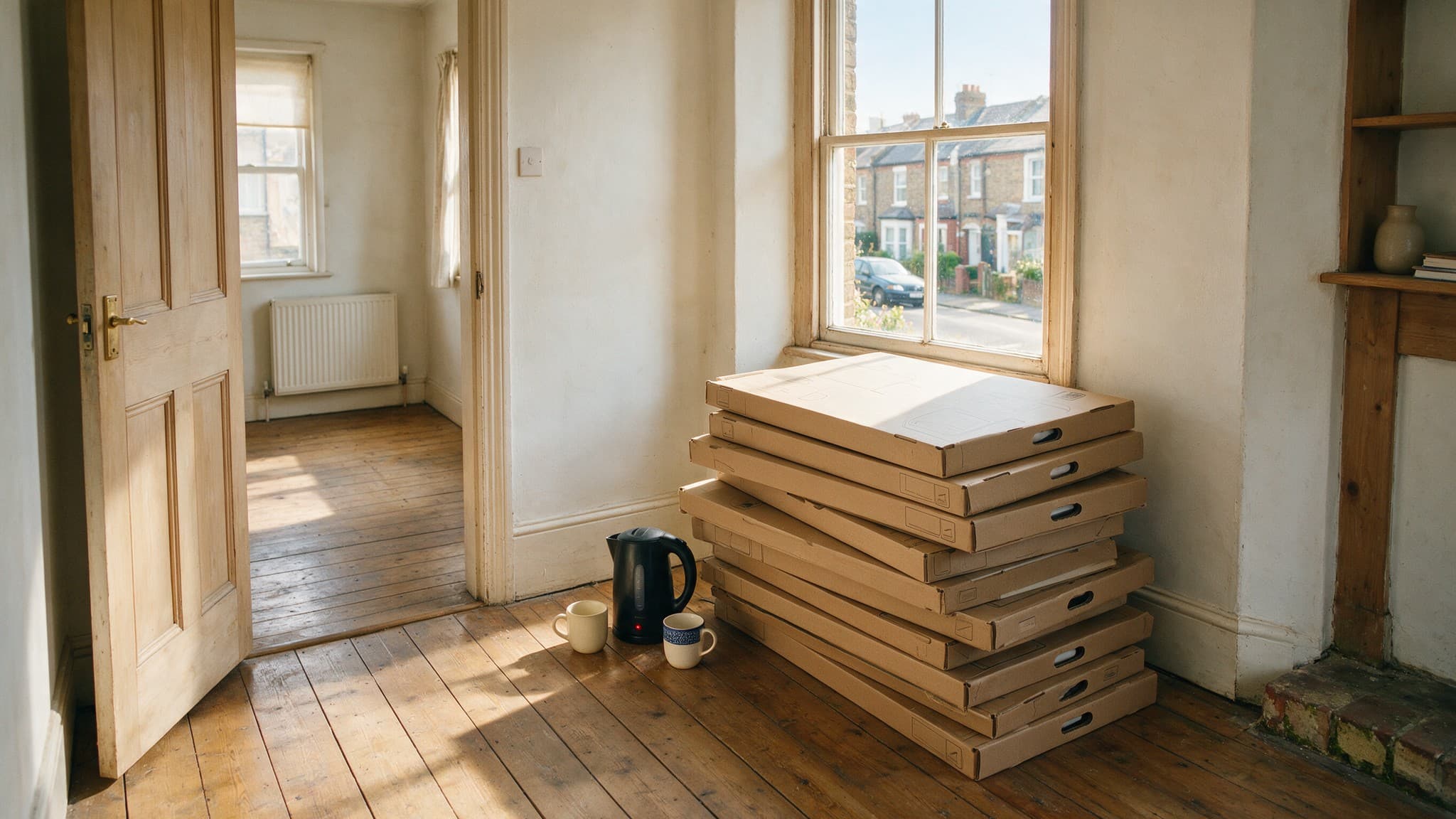 Flat-pack boxes stacked on bare floorboards in an empty room, a mug and kettle on the floor
