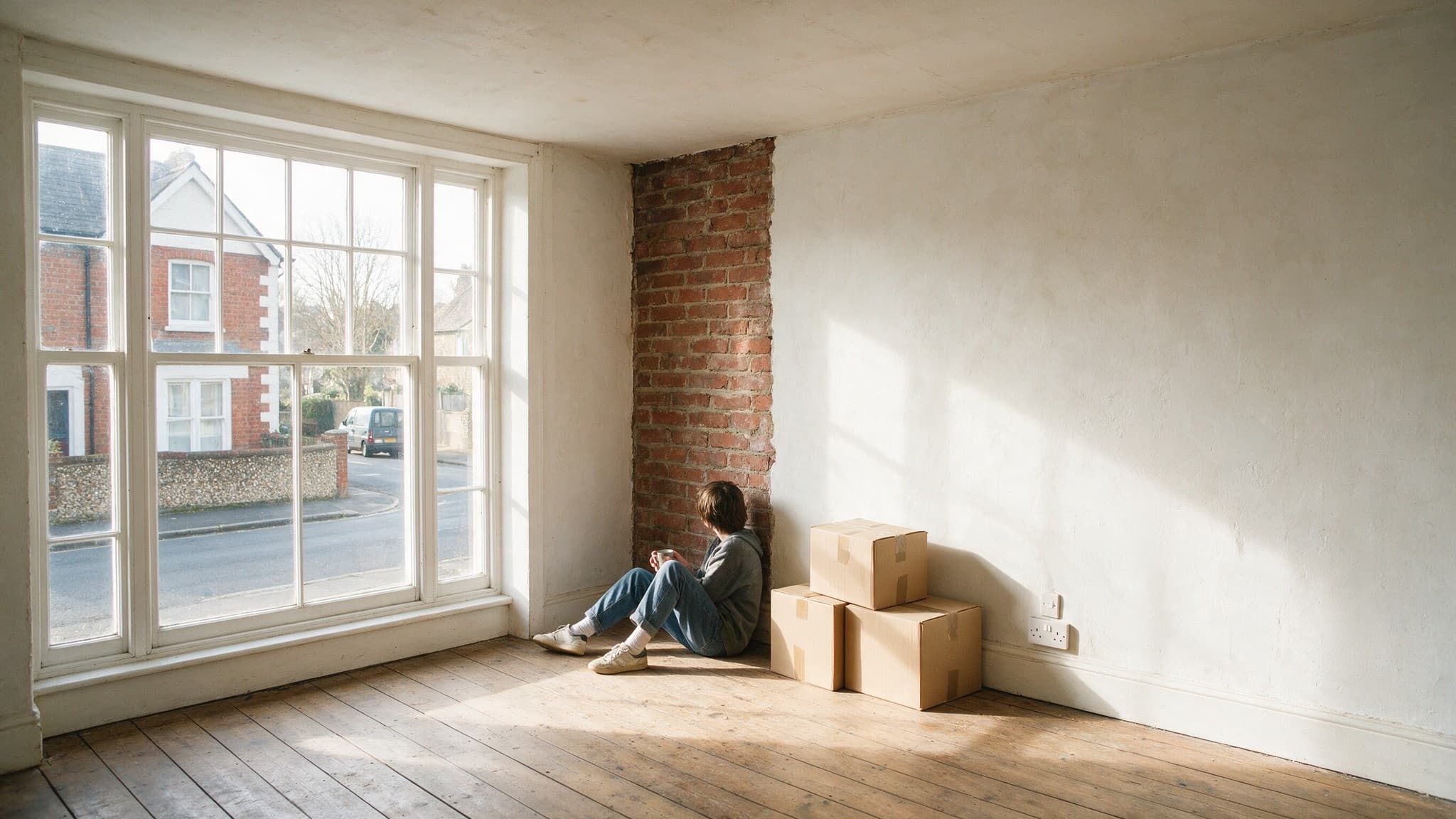 A person sitting on the floor of an empty flat beside packing boxes, tall windows behind
