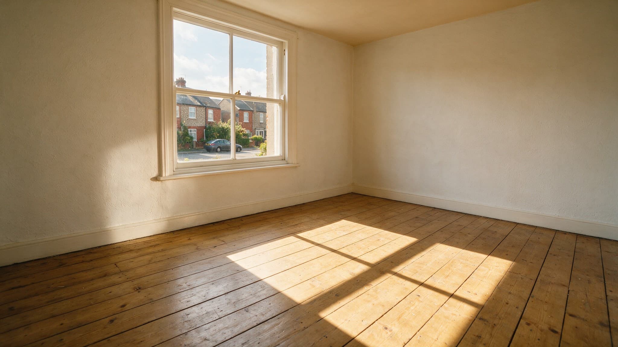 An empty room with bare floorboards and afternoon sun falling through a single window