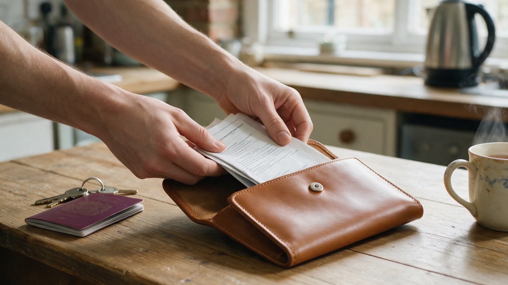Hands sliding a folded sheaf of papers into a tan leather document wallet on a wooden kitchen table, a passport and house keys to one side and a mug of tea to the other