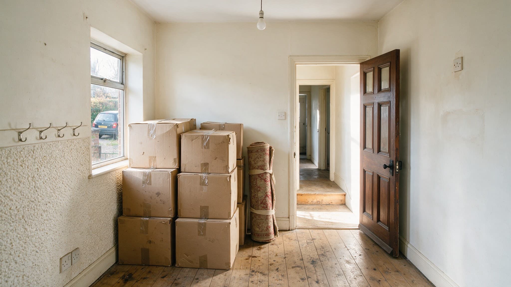 Packing boxes and a rolled rug stacked in a hallway by an open door