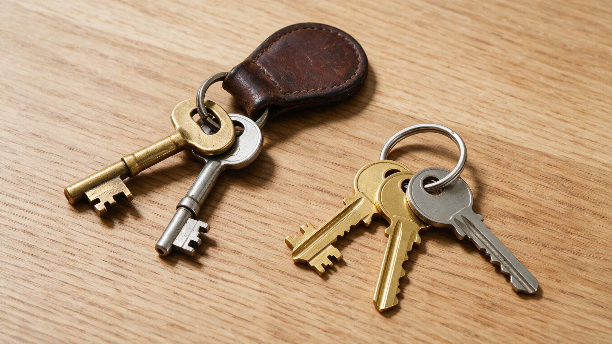 Two sets of house keys, one on a leather fob, lying side by side on a wooden table