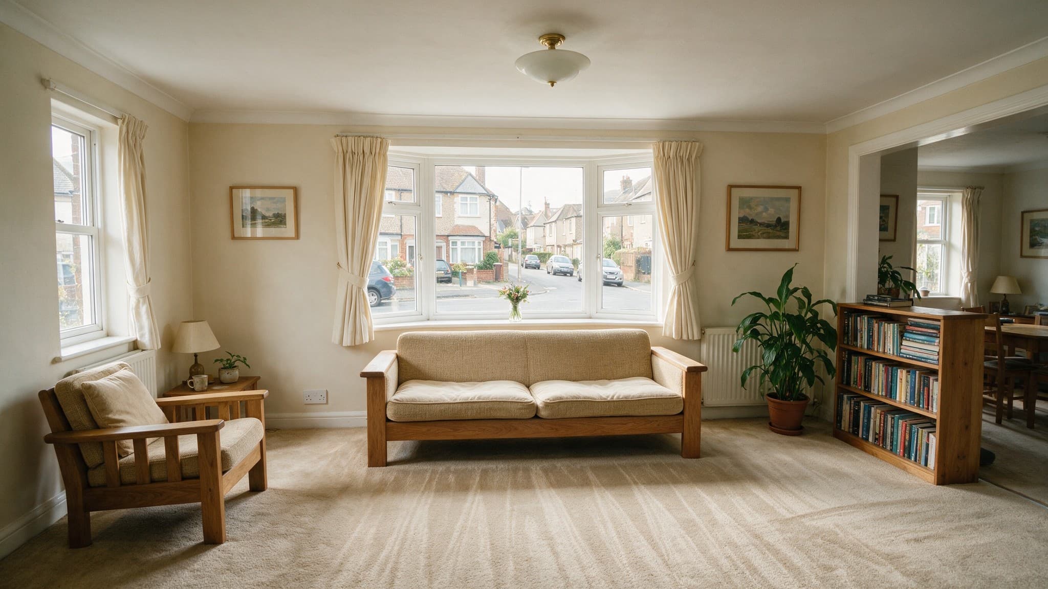 A tidy living room with a sofa, bookshelves and a bay window onto the street