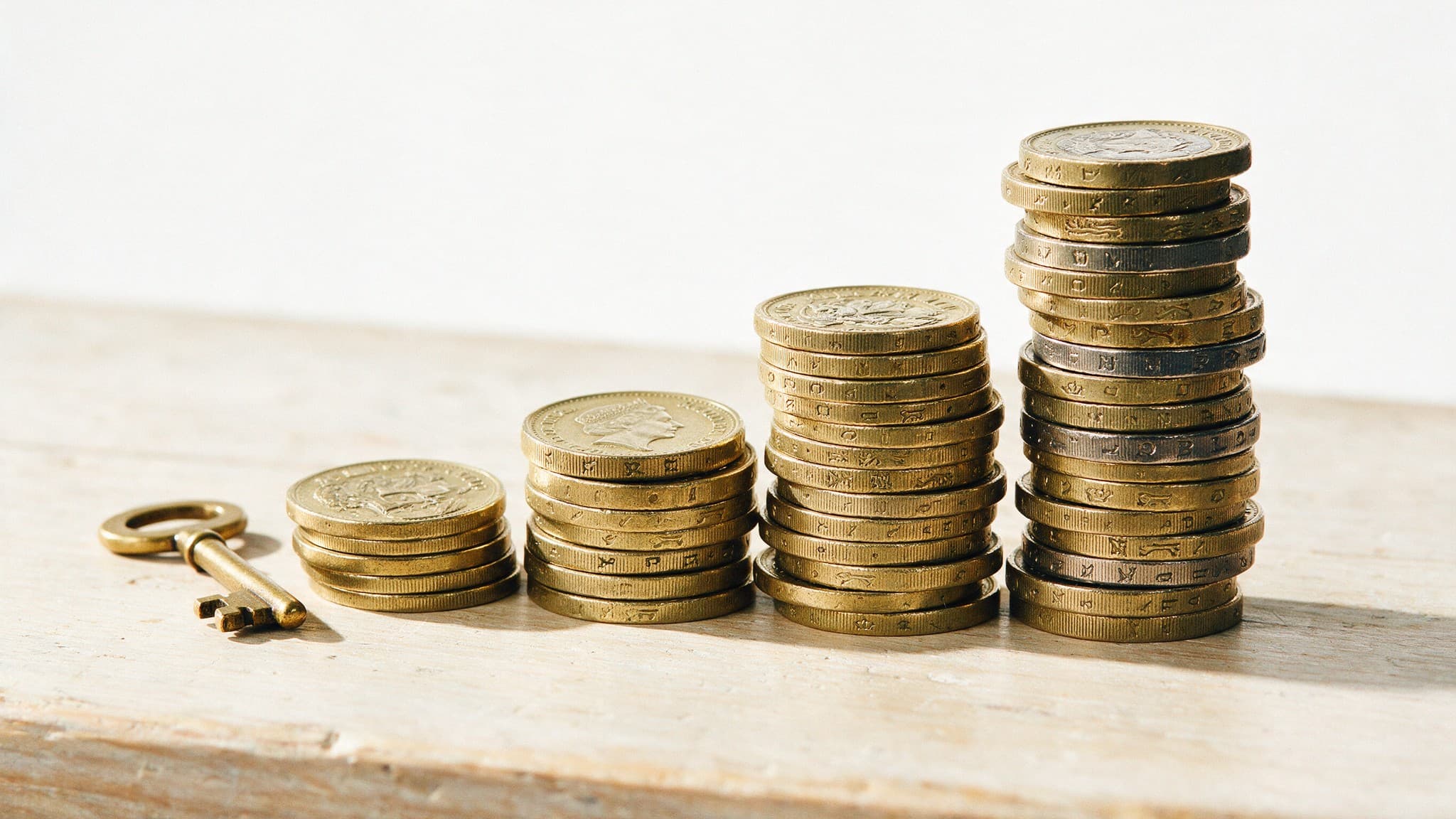 Rising stacks of pound coins on a table beside an old brass key