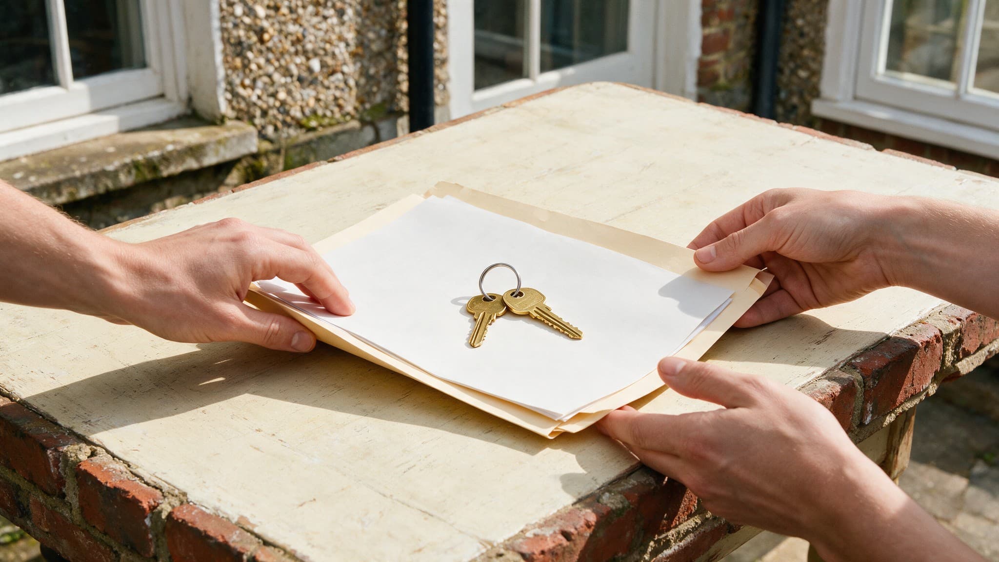 Two pairs of hands passing a folder with a set of keys resting on it across a wall