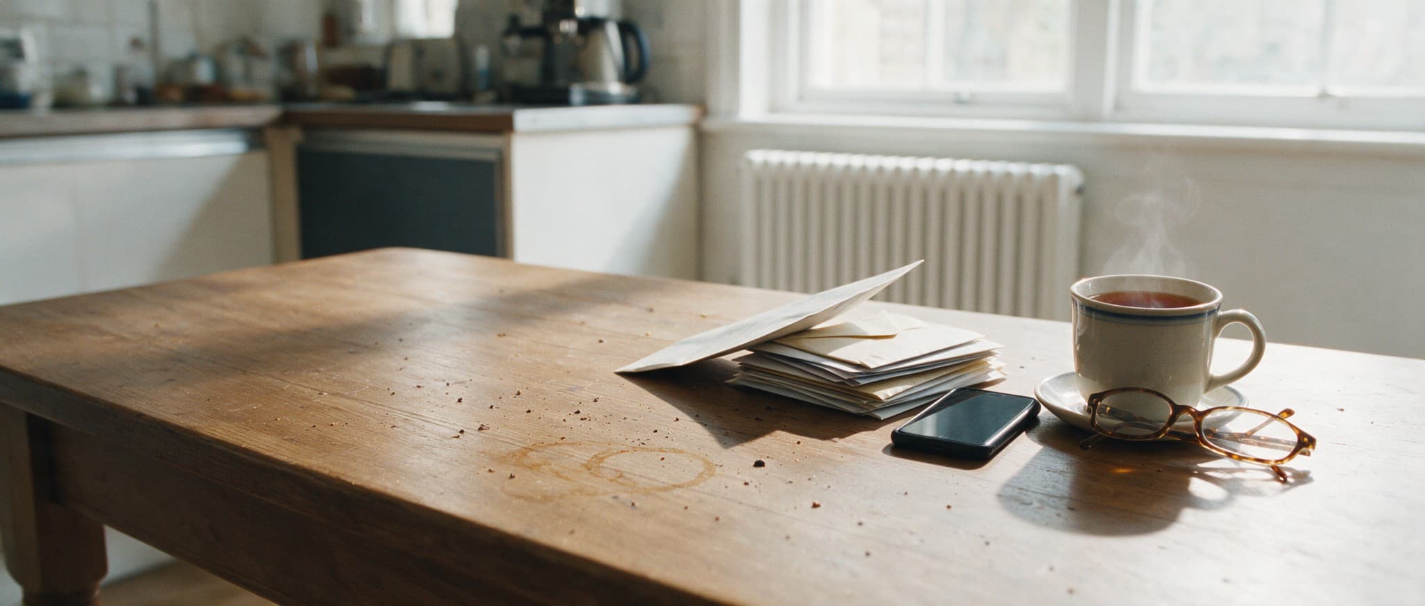 Mortgage paperwork and a phone on a kitchen table.