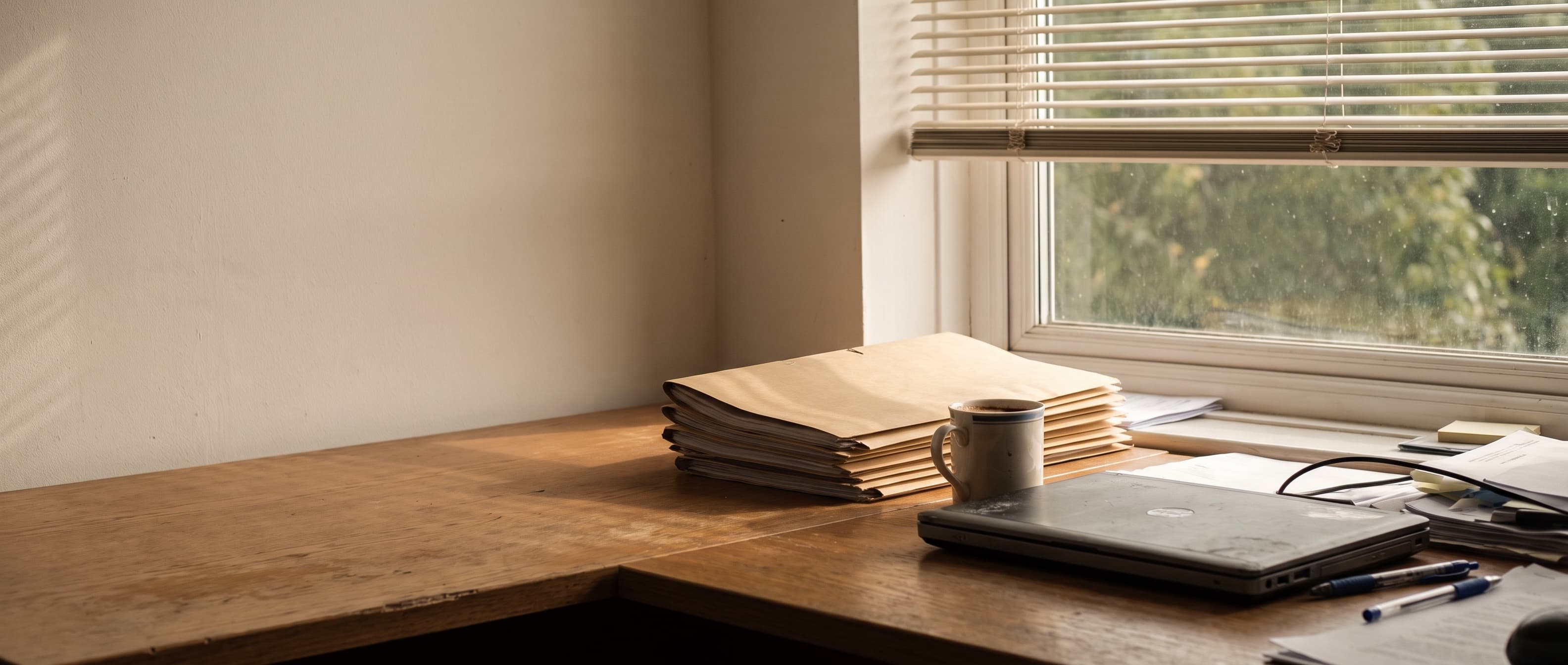 A conveyancer's desk in late afternoon light, a stack of case folders, a closed laptop and a mug of tea