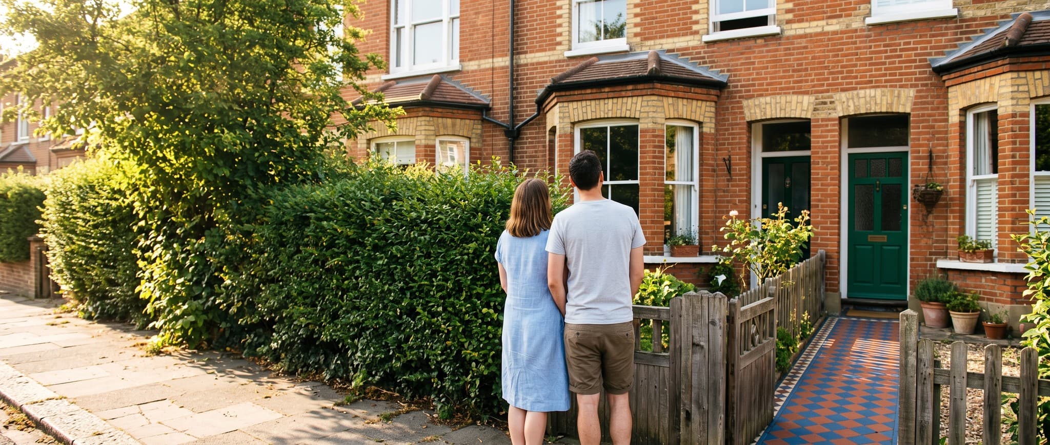 A couple seen from behind at the front gate of a Victorian terraced house, looking up at it