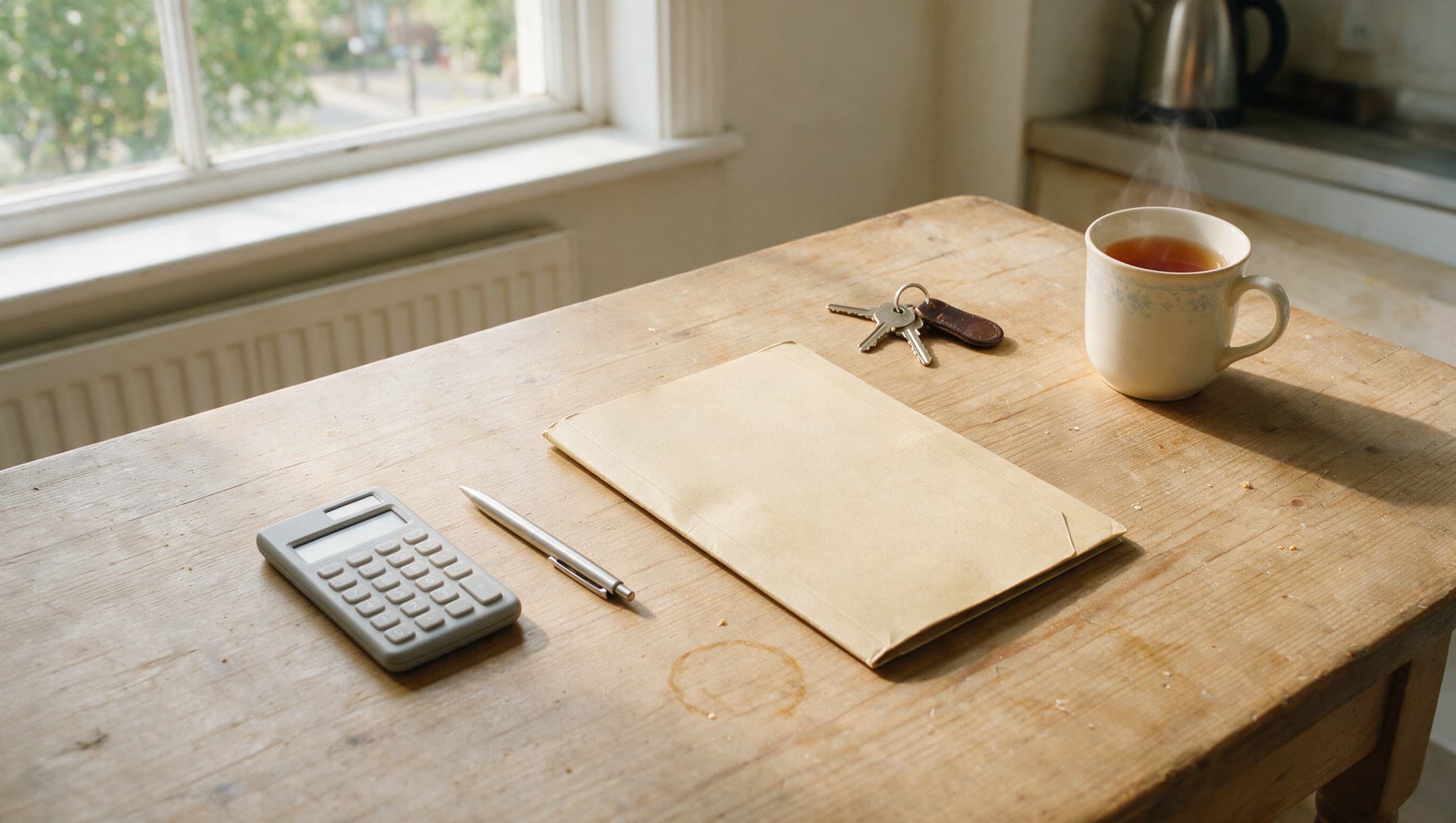A calculator, a pen, a closed folder and a set of house keys on a kitchen table
