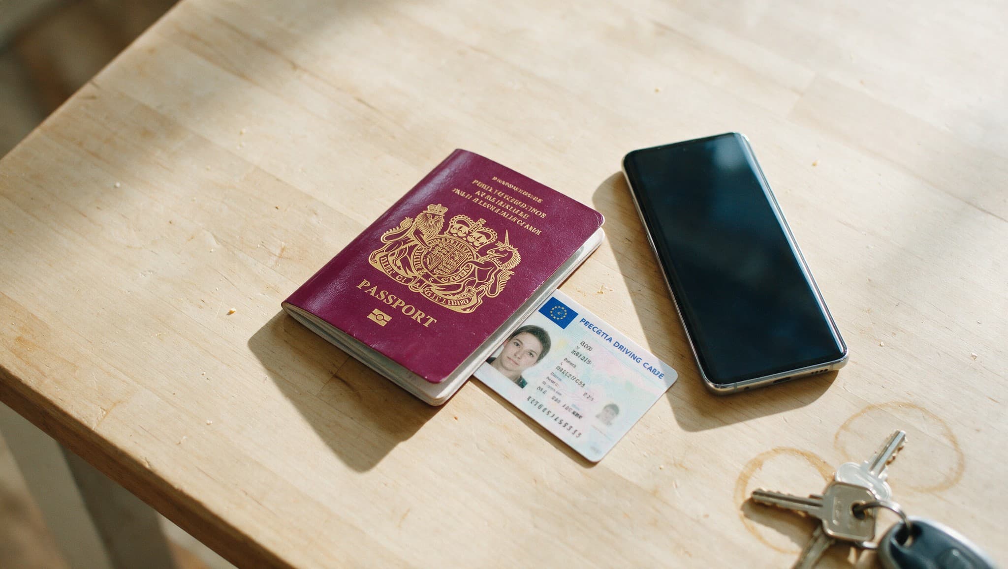 A British passport and a driving licence lying on a kitchen table beside a set of house keys