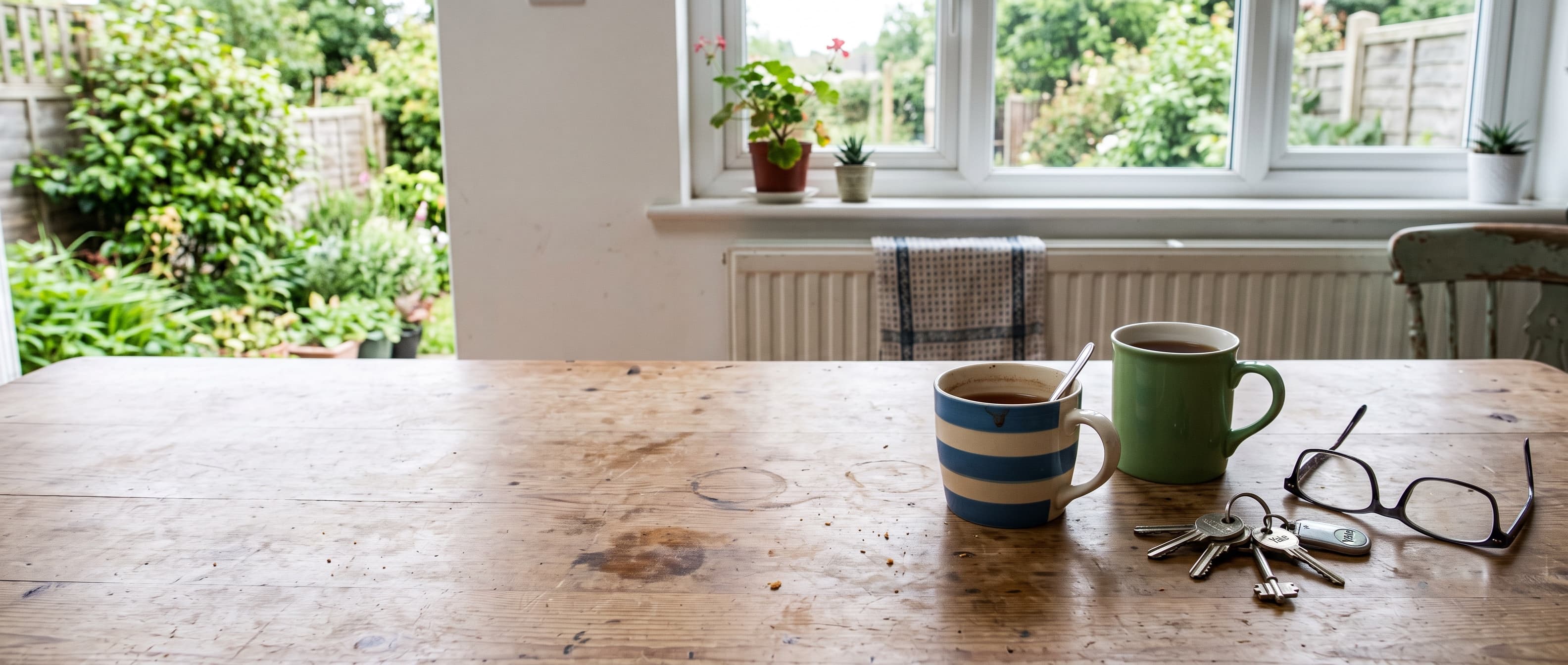 A British kitchen table with two mugs of tea, a set of house keys and reading glasses, a garden through the window