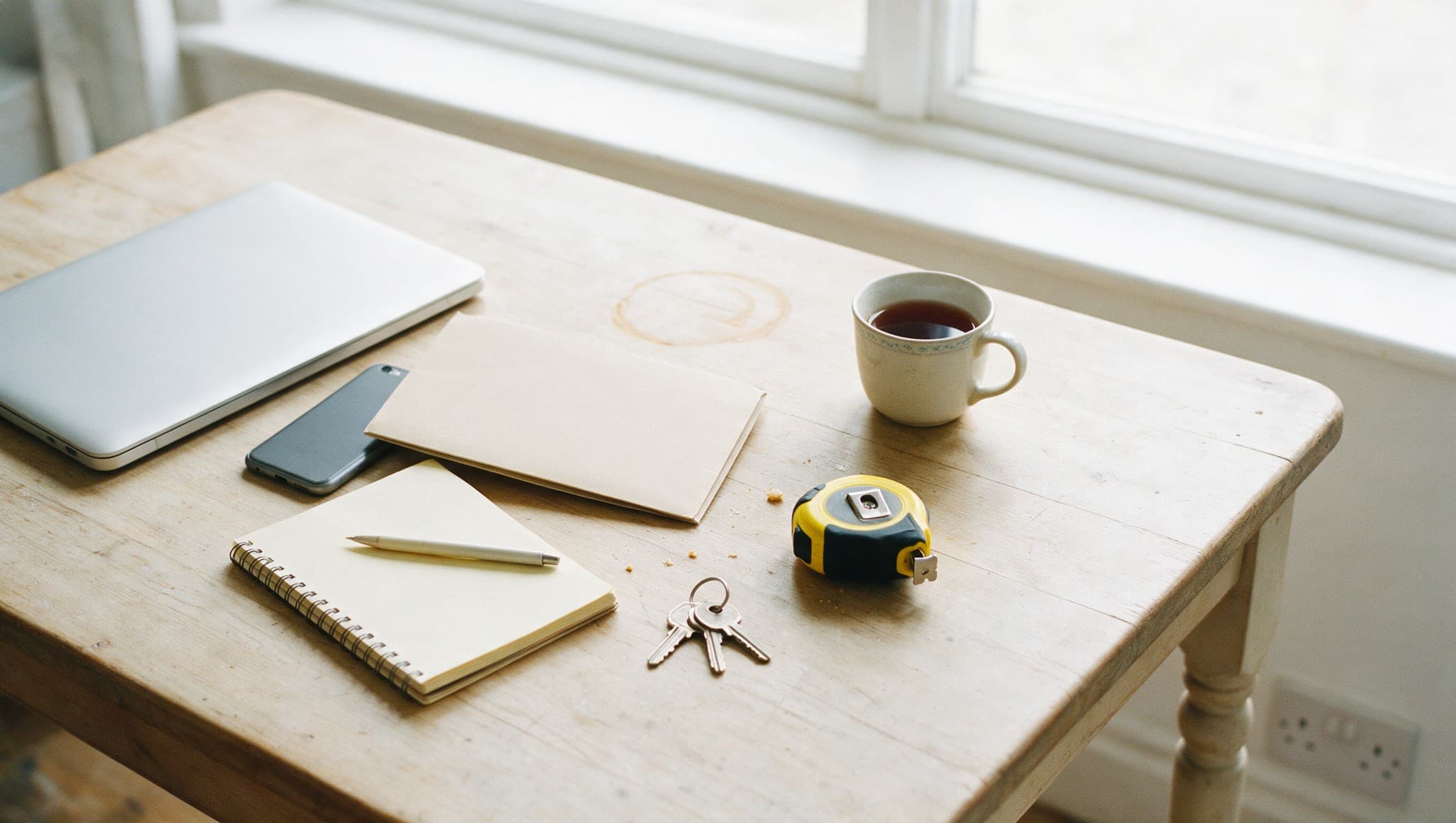 A closed laptop, a phone, a folder, a notepad, a tape measure and house keys gathered together on a kitchen table