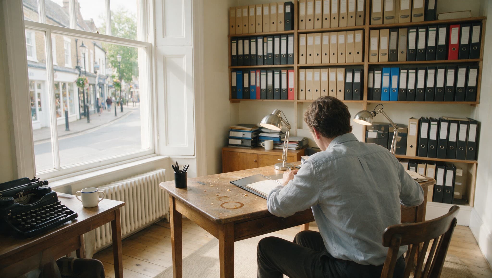 A conveyancing solicitor reviewing a case file at a desk in a UK law firm office