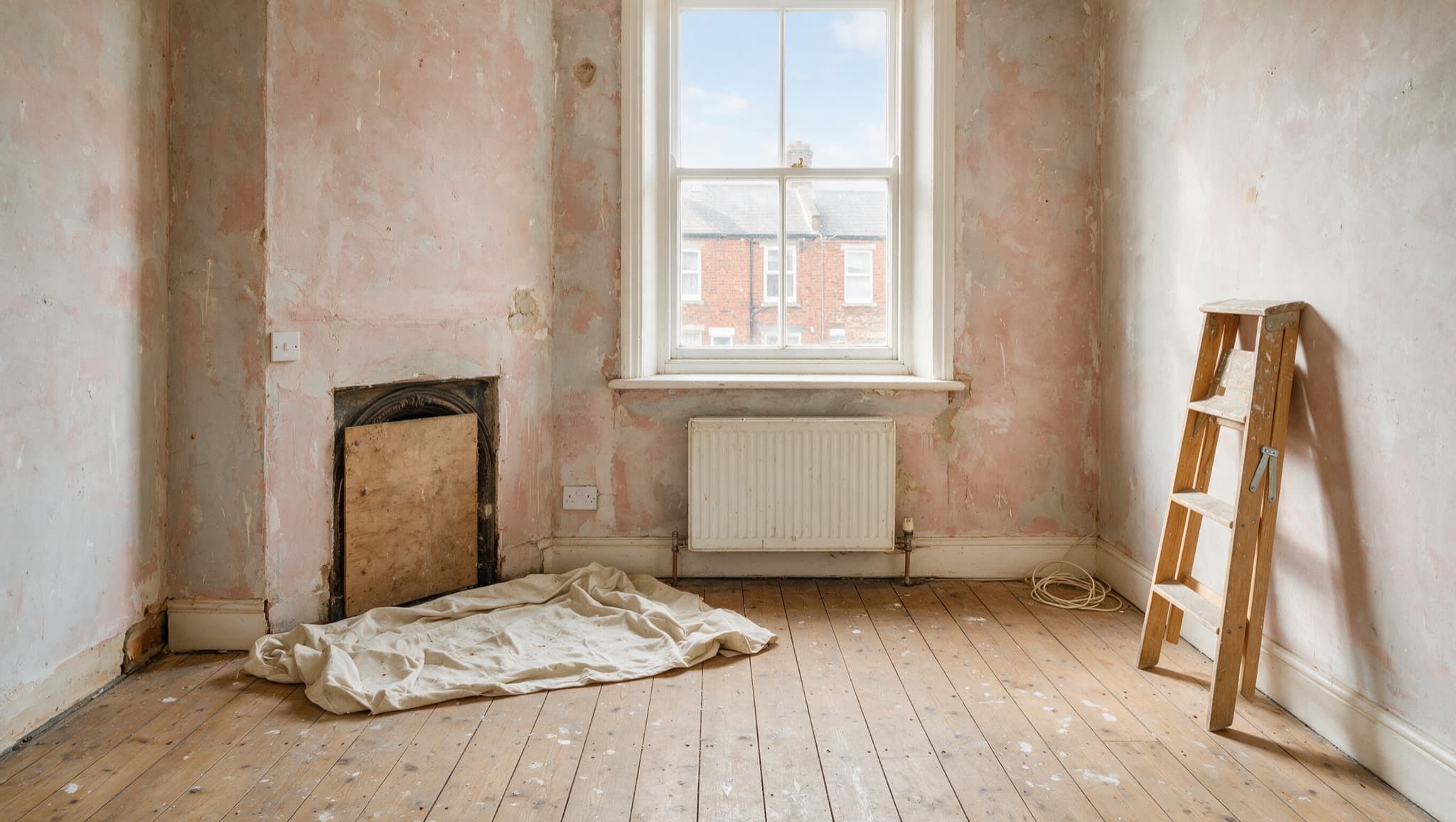 The stripped front room of a British terraced house part-way through refurbishment, bare floorboards, patchy plaster and a boarded-over fireplace