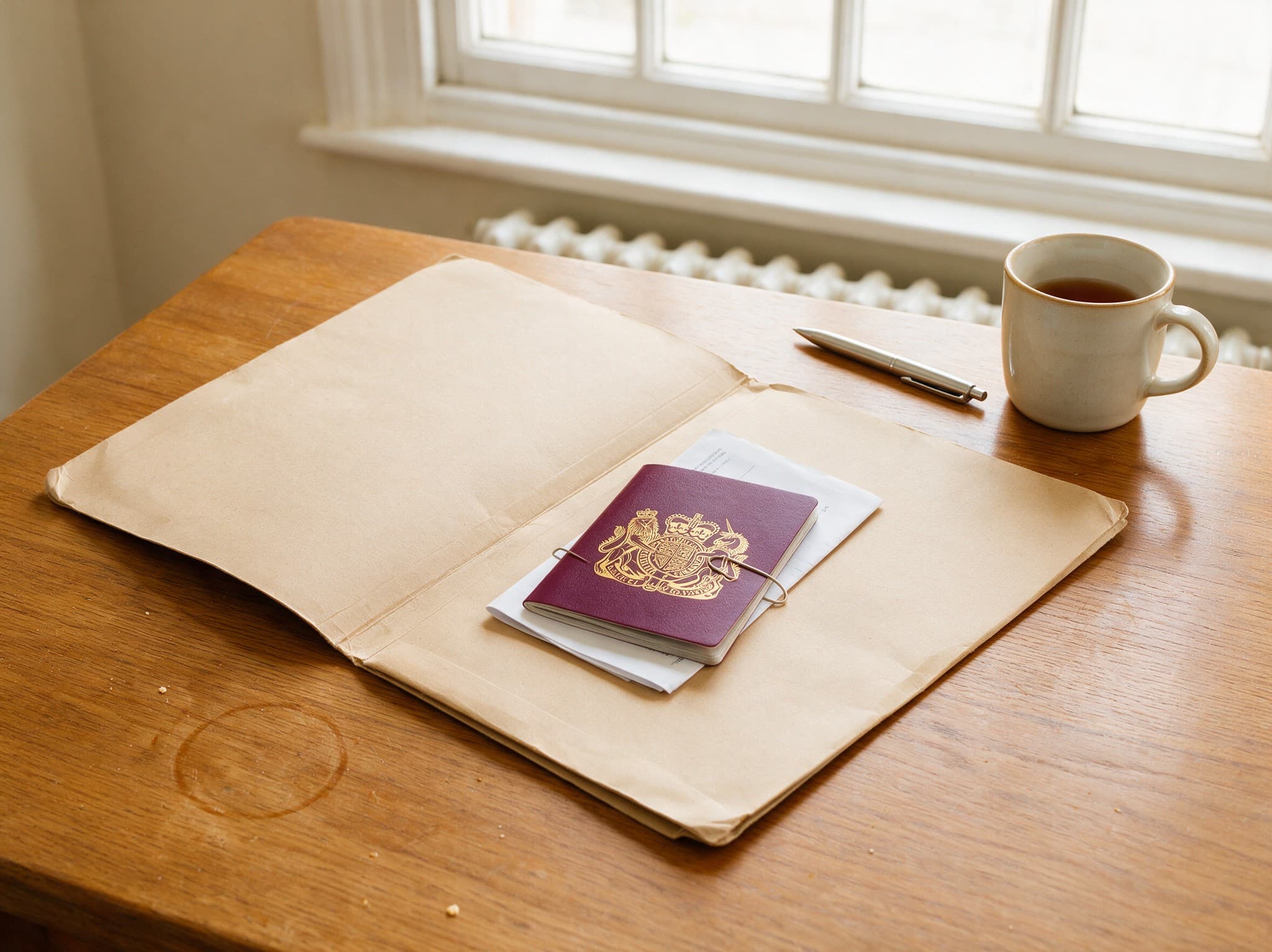 A case file open on a desk with a passport and funding paperwork already clipped inside the cover
