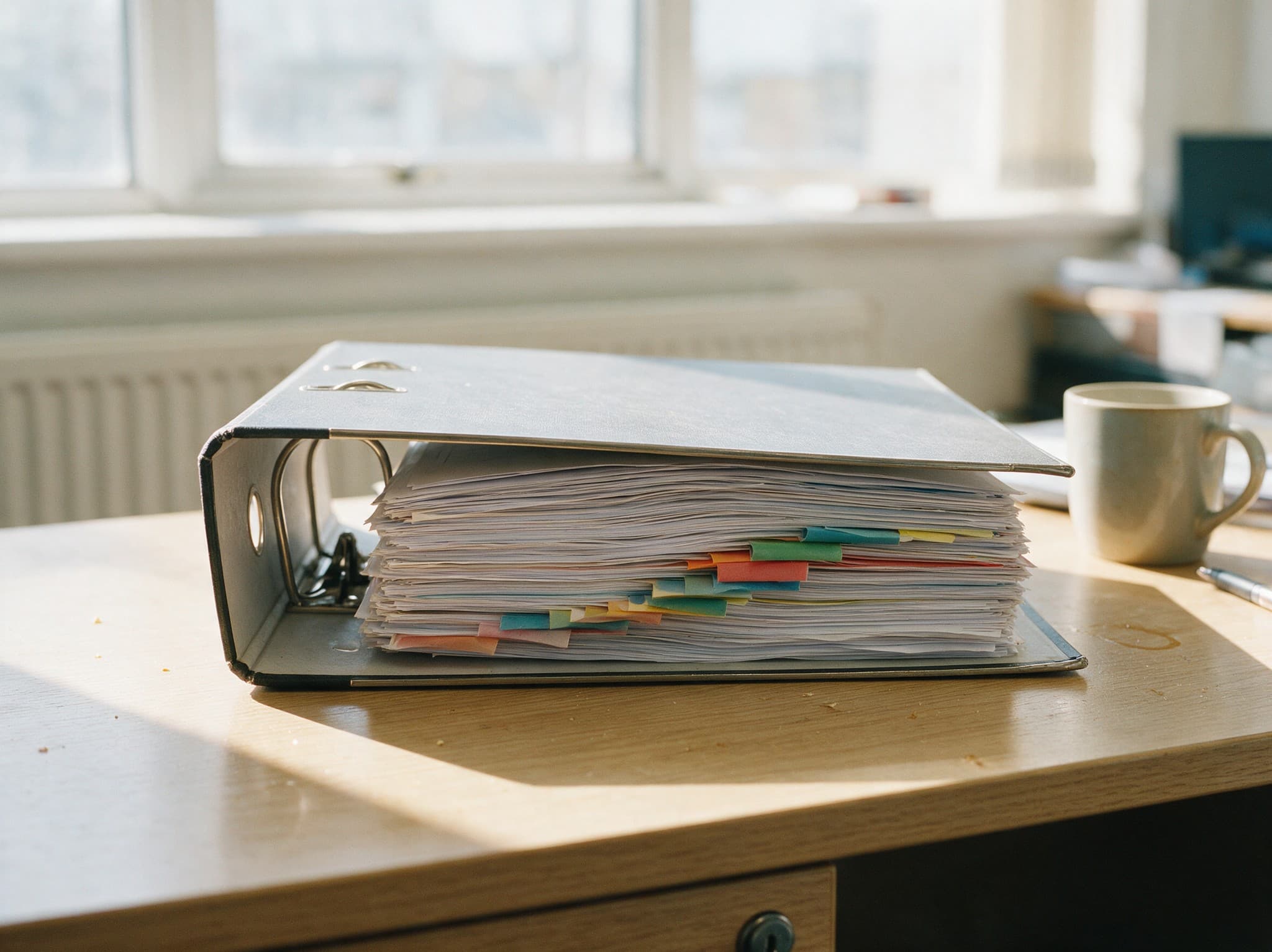 A lever-arch case file divided by coloured tabs with every section filled
