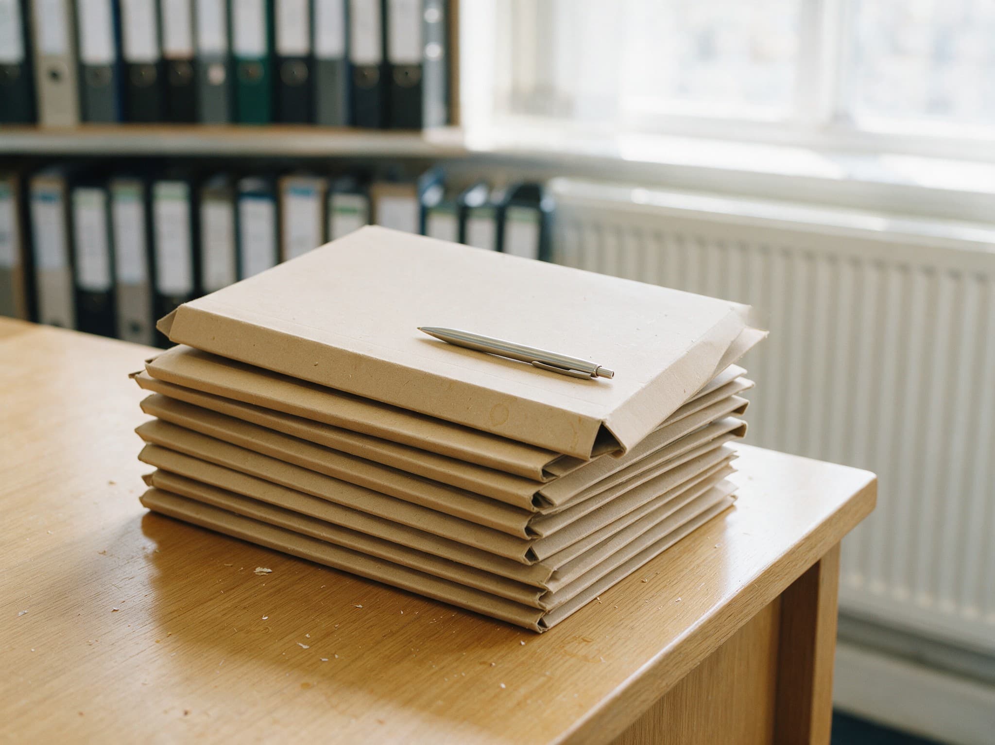 A stack of unopened case folders on the corner of a conveyancer's desk