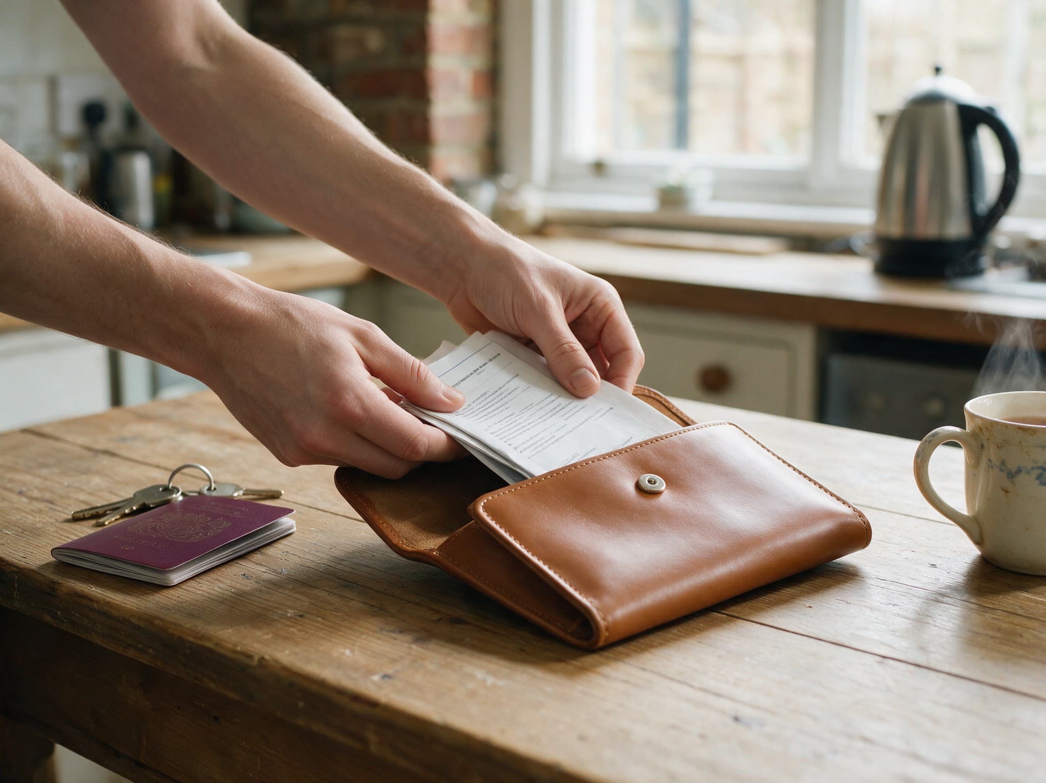 Hands sliding paperwork into a document wallet on a kitchen table, a passport and house keys alongside