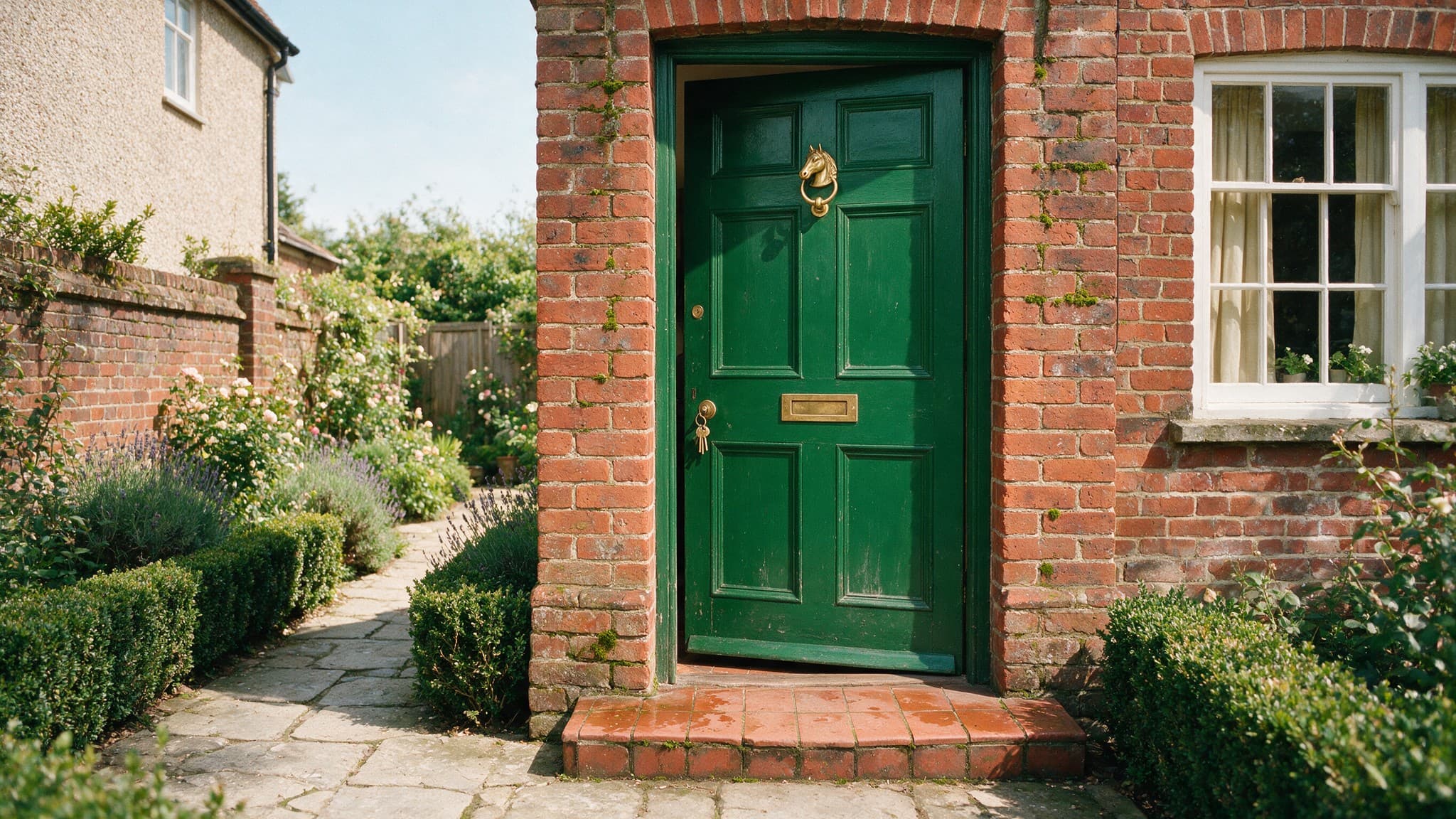 A new brass key in the lock of a freshly painted front door
