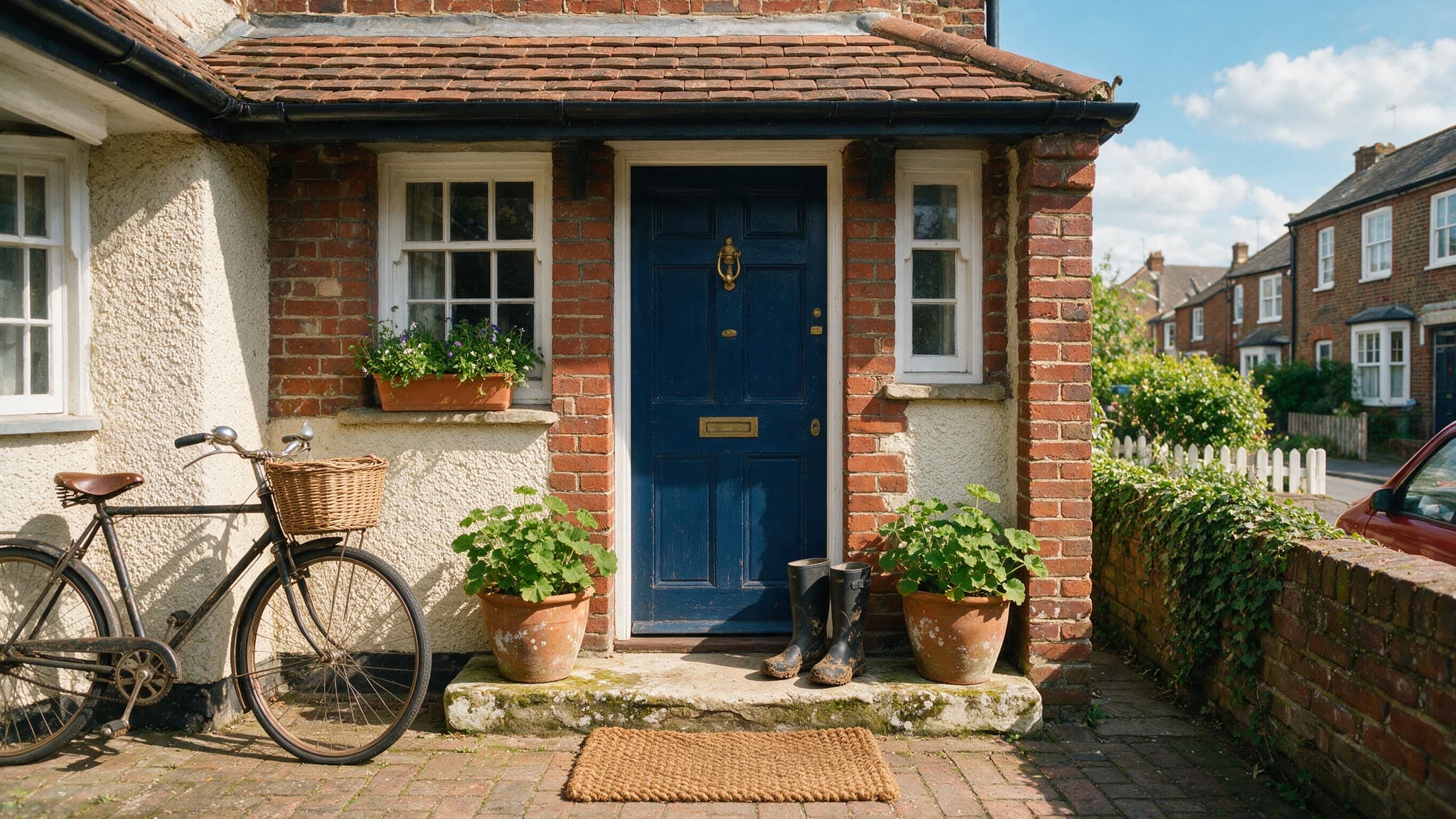 The front door of a lived-in house with a worn doormat and boots beside the step